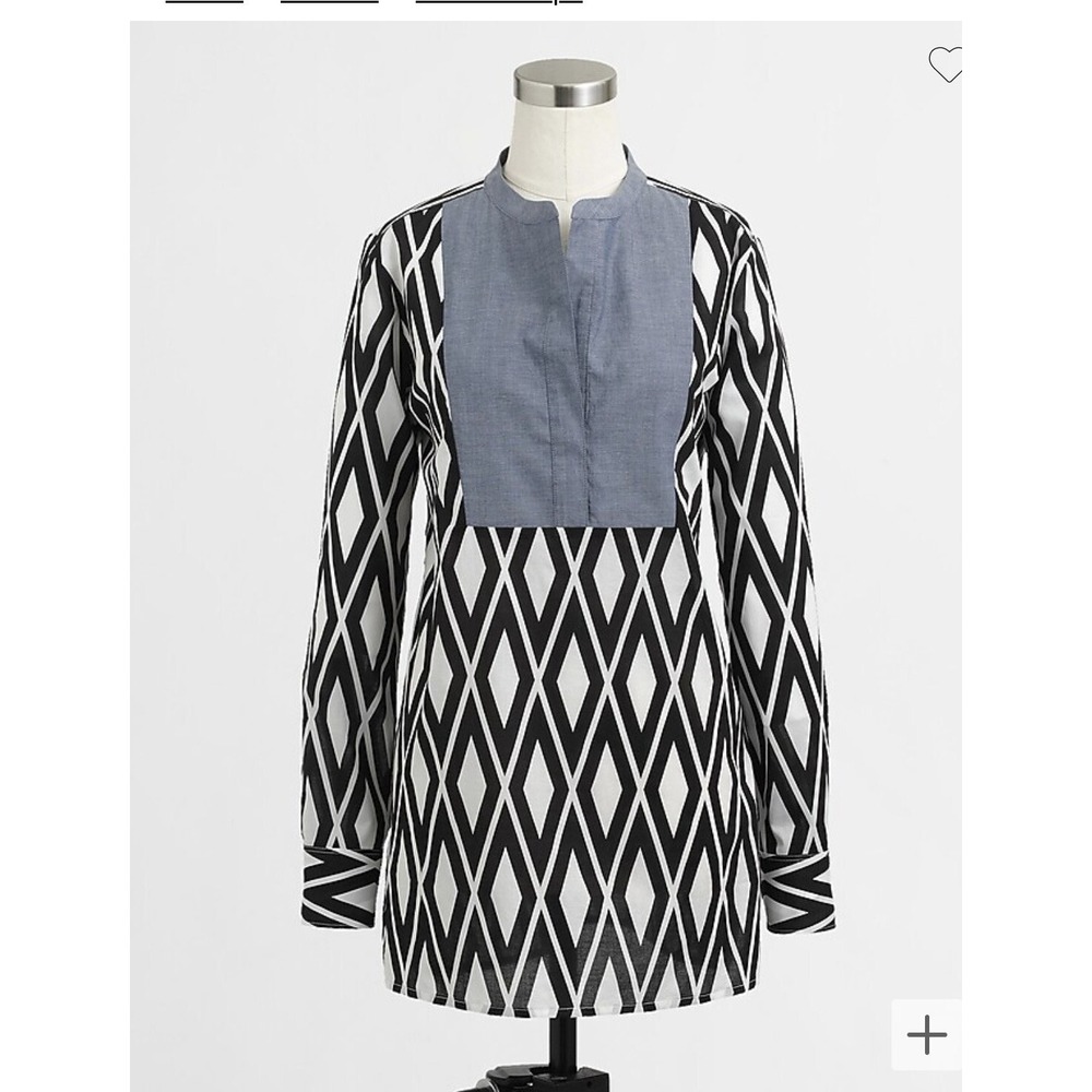 J Crew Womens Geometric Print Long Sleeve V-Neck Side Slit‎ Cotton Tunic Top M